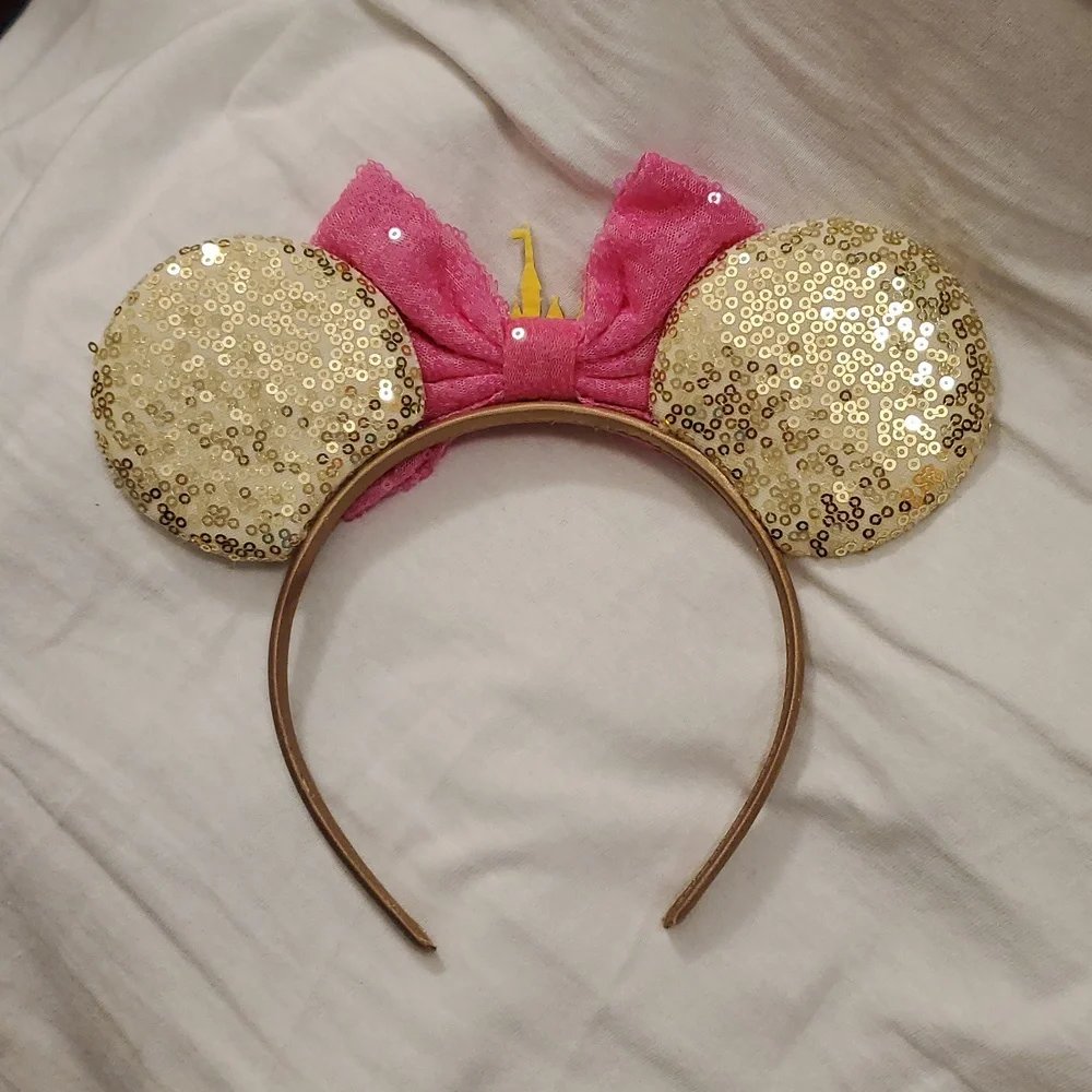 Pink and Gold Sequins Minnie Mouse Ears Headband